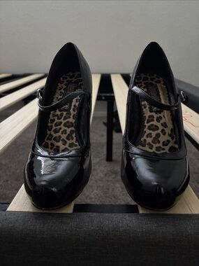 Funtasma Black Patent Mary Jane Pumps with Leopard Insole